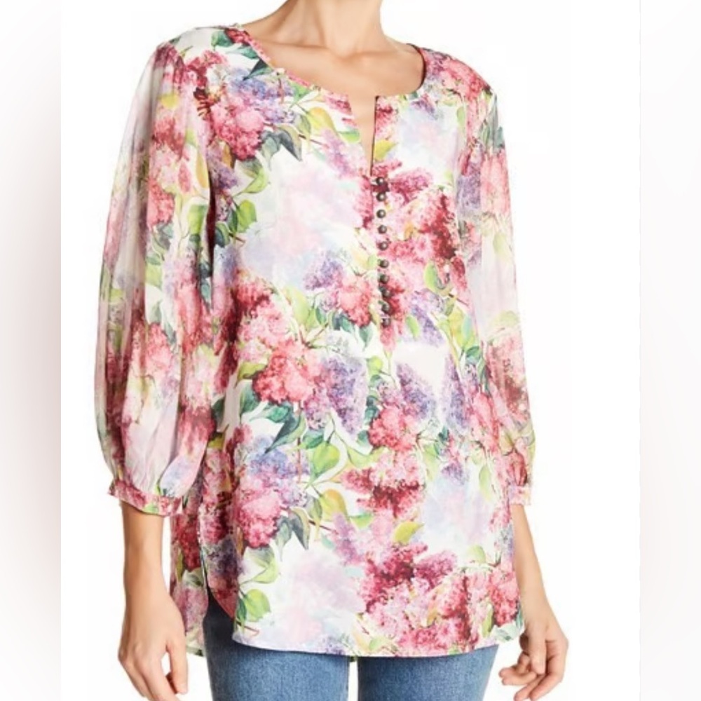 HTF Aratta Silent Journey Floral Chiffon Blouse Top, Semi Sheer Rayon Boho